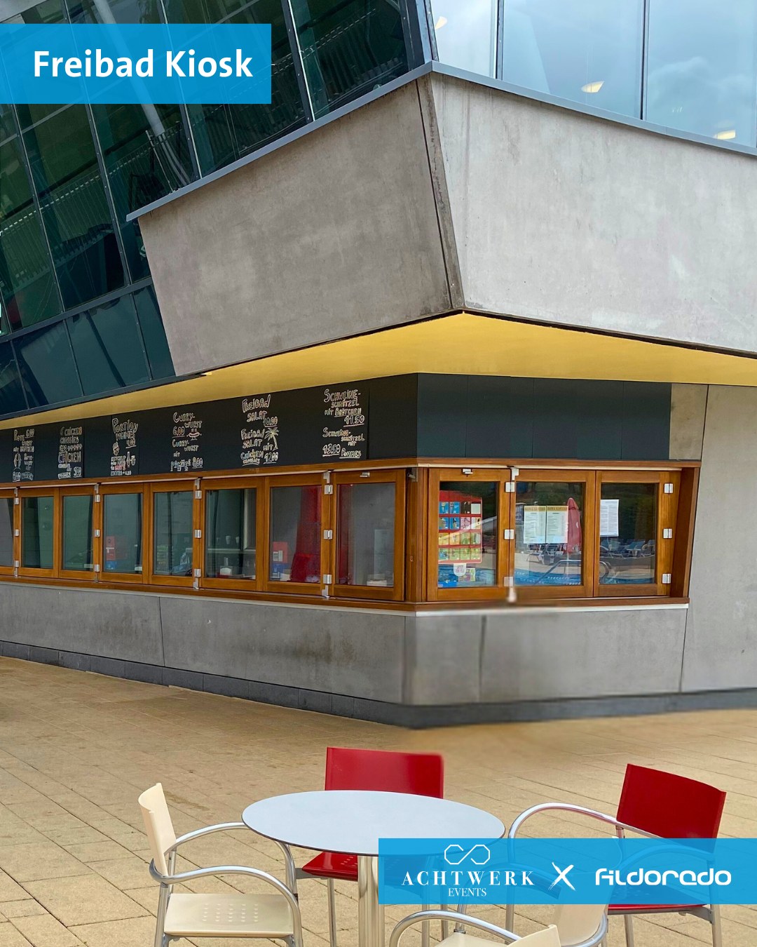 Freibad-Kiosk im Fildorado Filderstadt mit Kreidetafeln und Außensitzplätzen