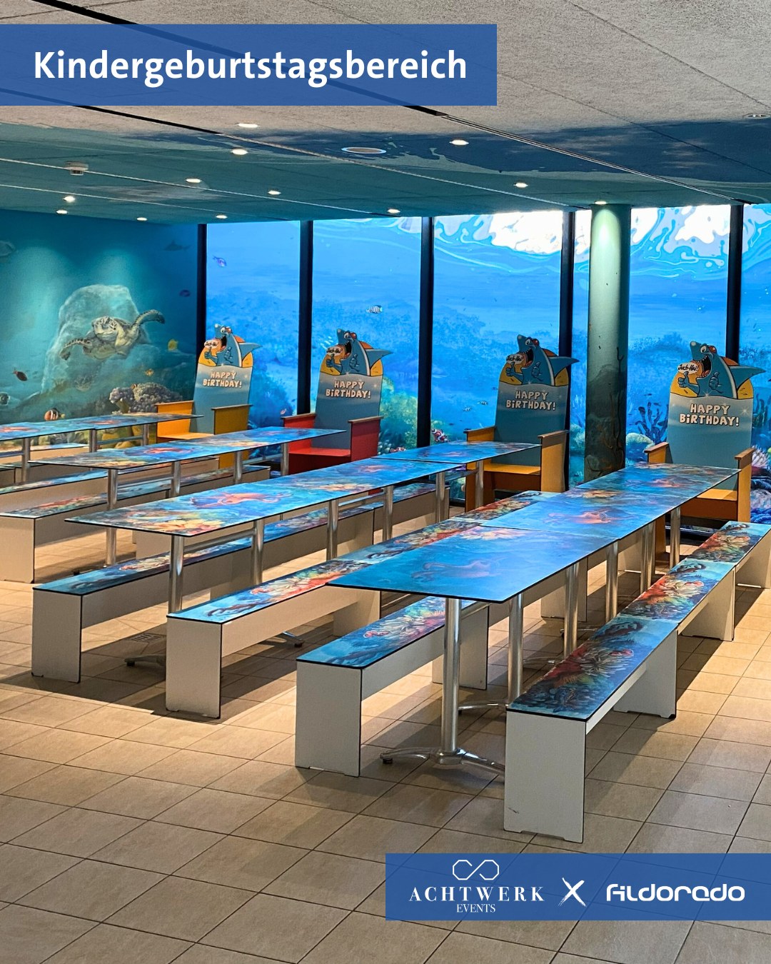 Farbenfroher Kindergeburtstagsbereich im Fildorado Filderstadt mit Unterwasser-Motiven und Happy-Birthday-Deko